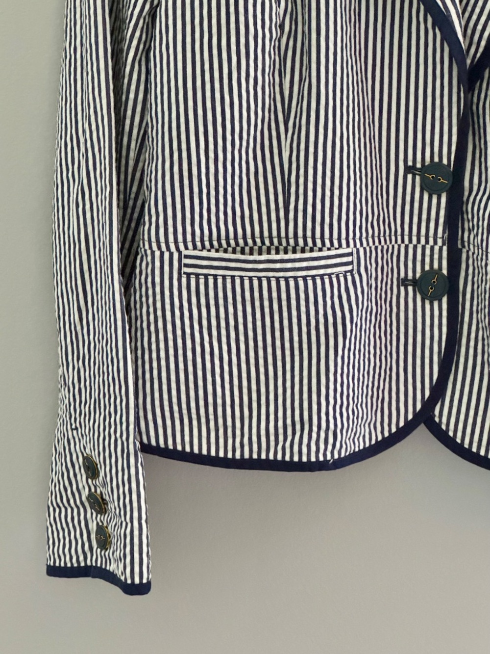 Sandro Cotton Blazer Blue White Stripe Nautical Styling Seersucker Jacket Large - Picture 5 of 16